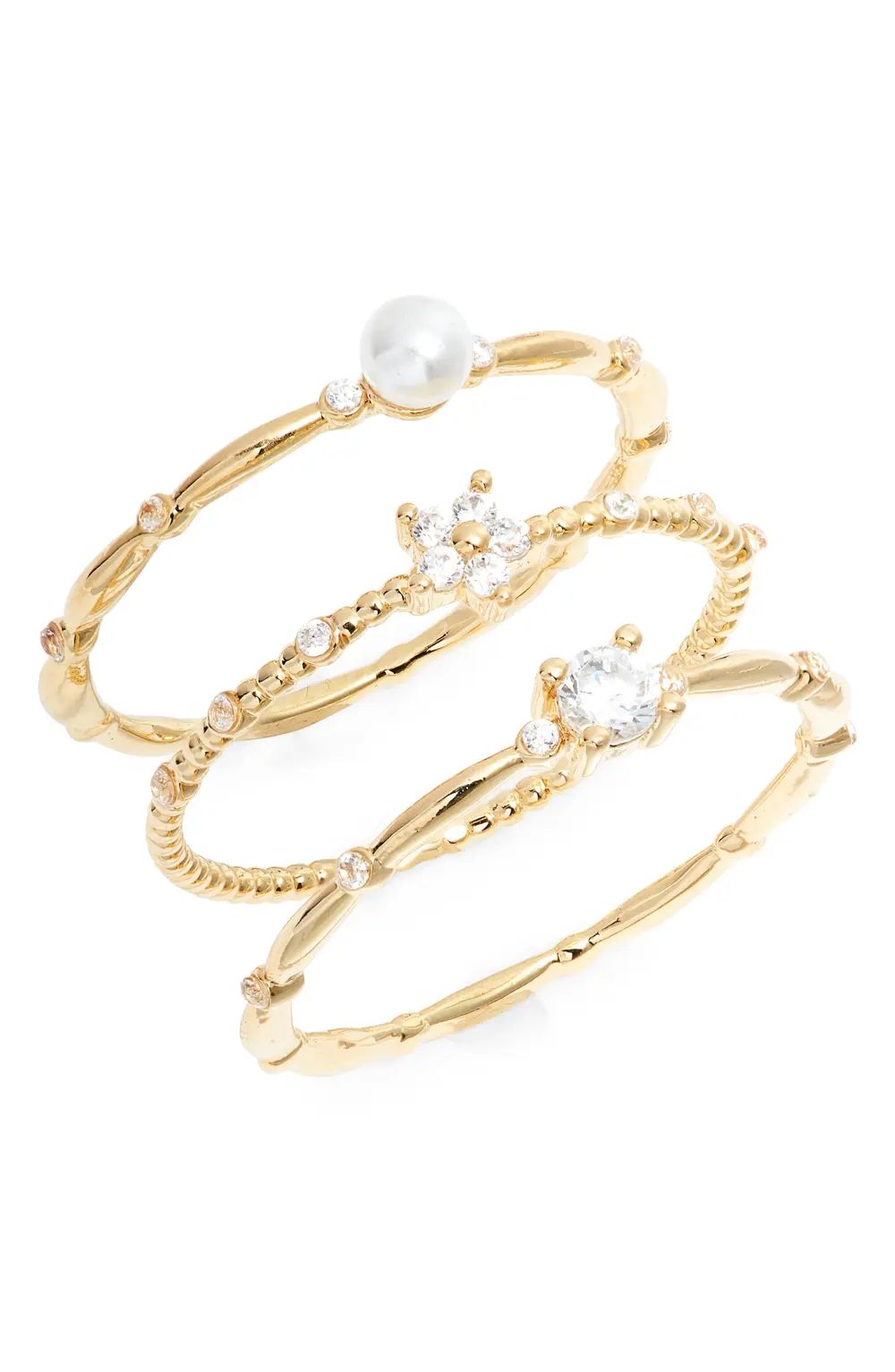 Nordstrom Set of 3 Dainty Floral Stacking Rings, Size 6 in Clear- White- Gold at Nordstrom | Nordstrom Canada