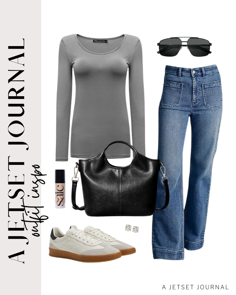 We also love this gray top and jeans combination. Pair it with a BOSTANTEN satchel handbag and Cole Haan Grandpro Breakaway sneakers. Wear your SOJOS polarized aviator sunnies and Art and Molly stud earrings, too. 

 #LTKSeasonal #LTKSaleAlert #LTKTravel