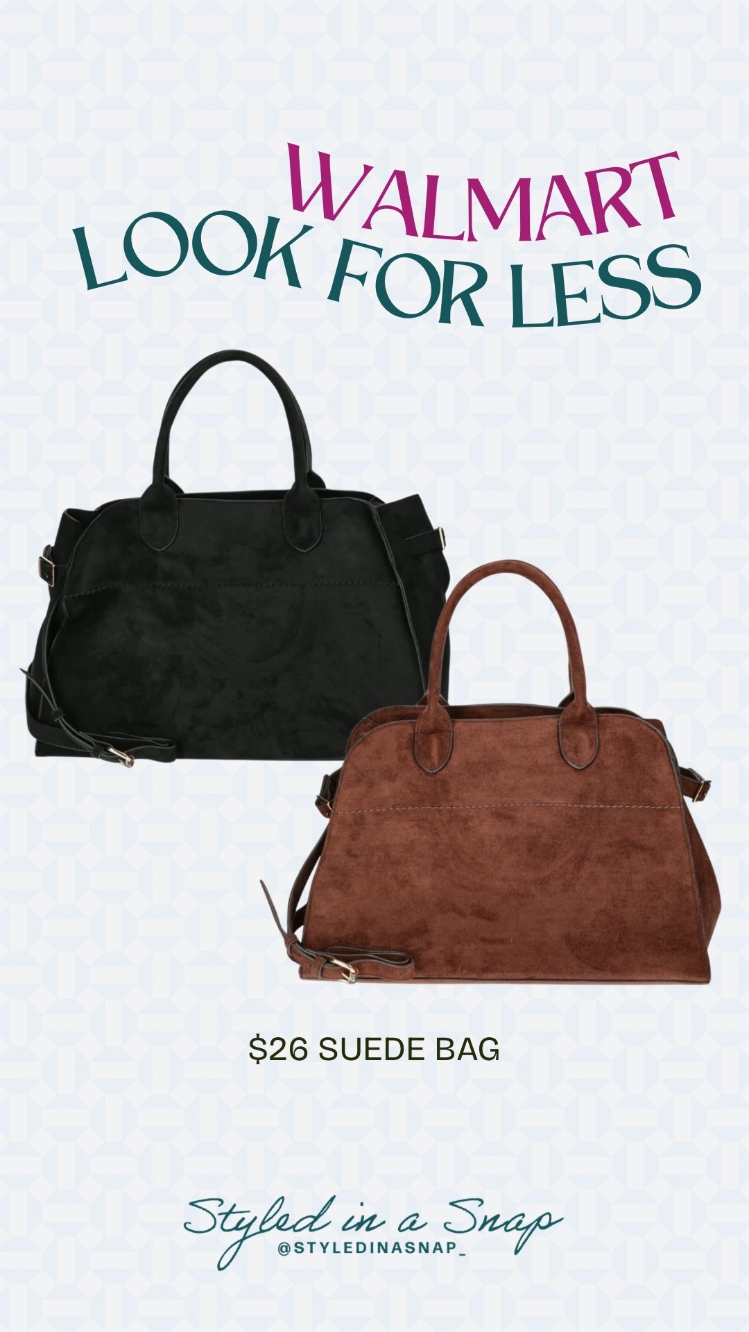 This Walmart designer inspired handbag is absolutely stunning. The faux suede material is amazing quality and they are only $26! These have a bunch of room for my busy mom essentials without being bulky. 
Designer inspired handbag

#LTKOver40 #LTKmomlife #LTKPetite