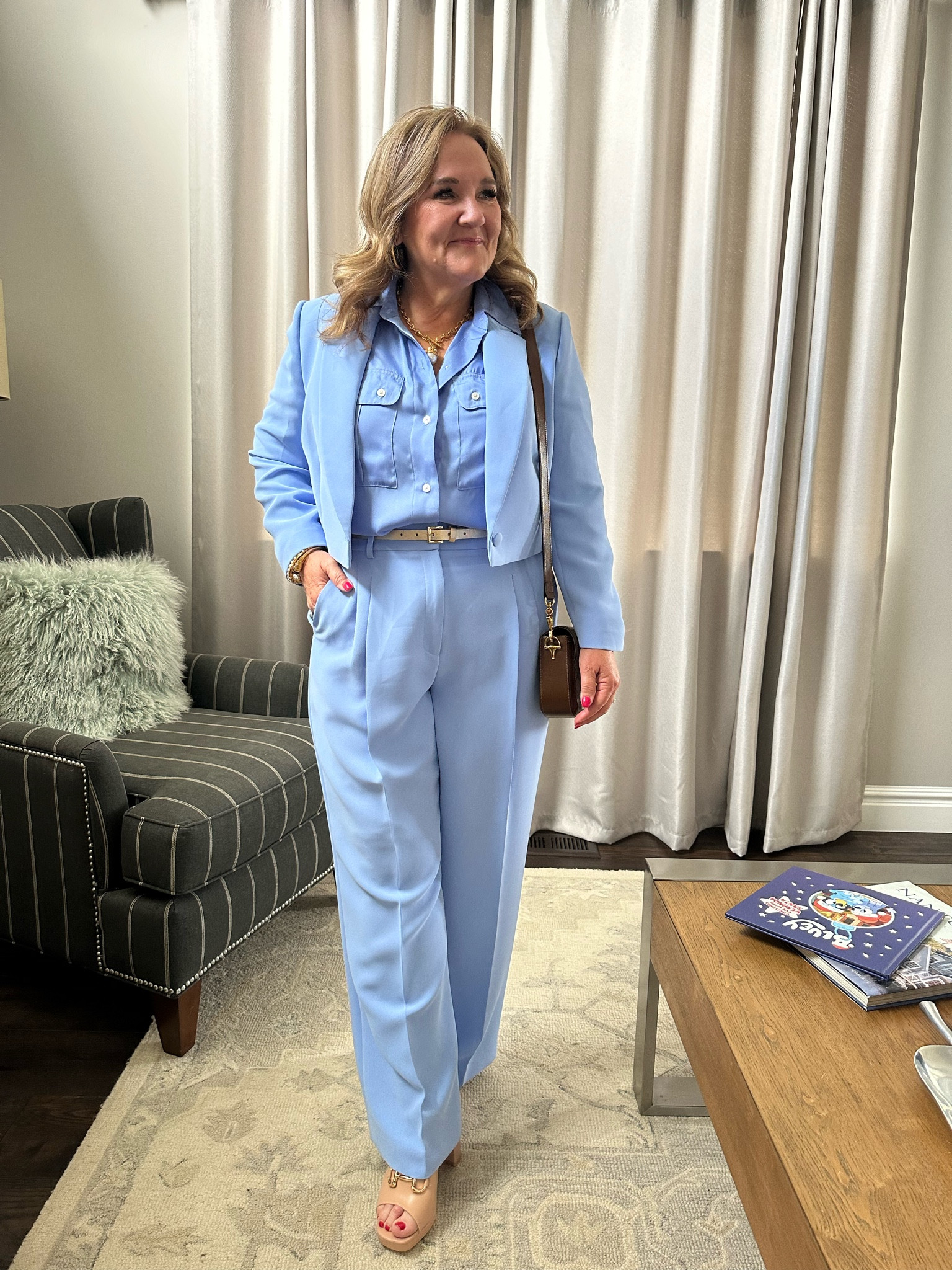 Modern pantsuit for a rehearsal dinner, work conference or ladies luncheon. 
Pants size 14
Blazer size 12
Blouse size large. 

Dillards wedding guest graduation 