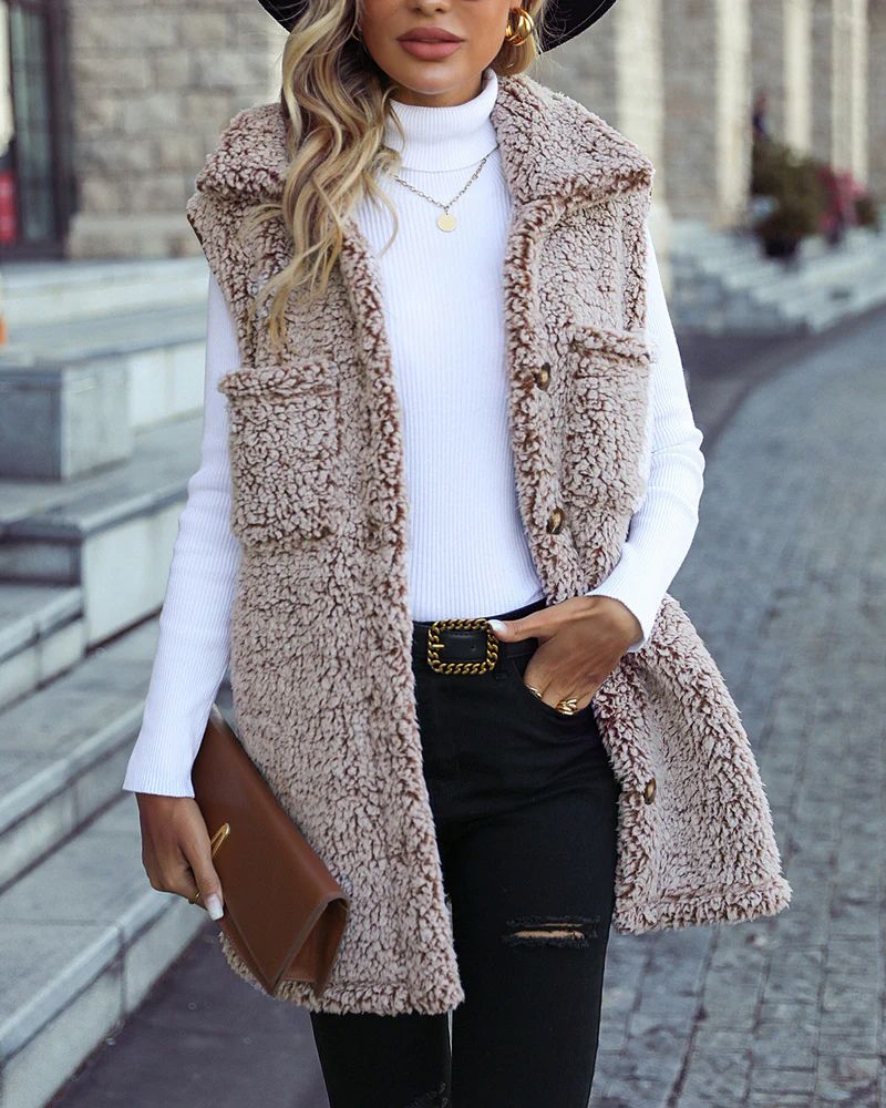 Lapel Sleeveless Long Loose Casual Double-sided Velvet Cardigan Vest Jacket | Zeagoo