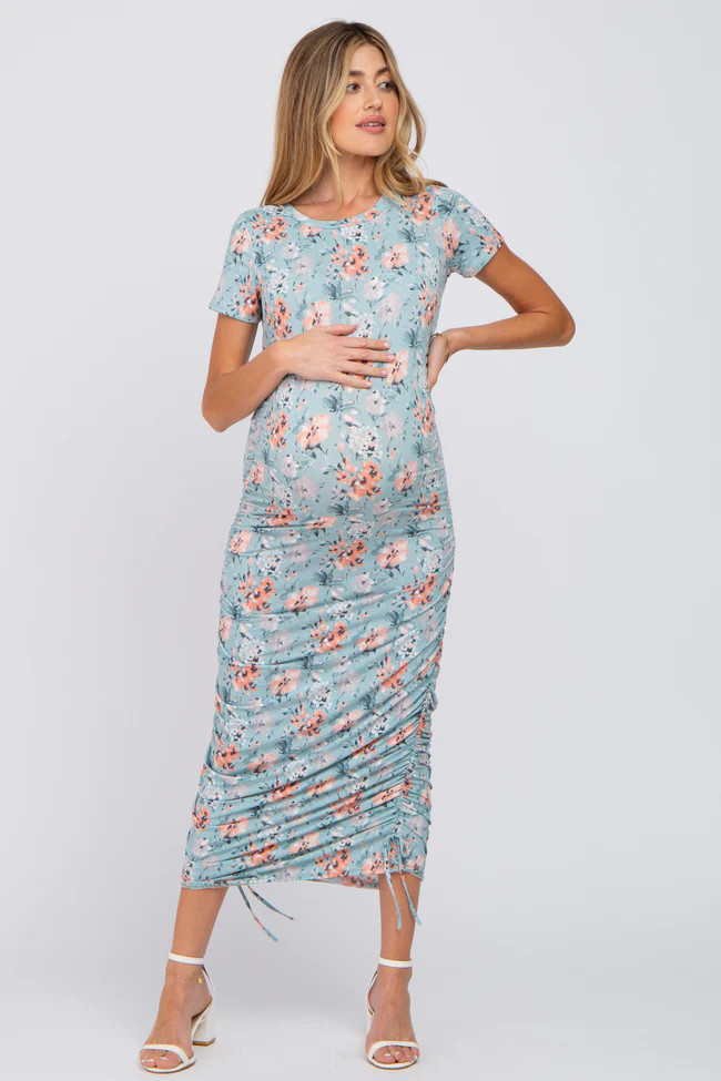 Light Blue Floral Fitted Ruched Maternity Midi Dress | PinkBlush Maternity