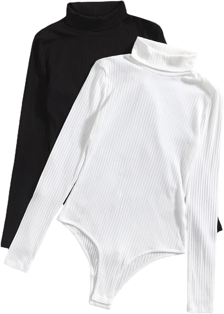 Floerns Women's 2 Piece Turtleneck Long Sleeve Ribbed Knit Bodysuit T Shirt Tops | Amazon (US)