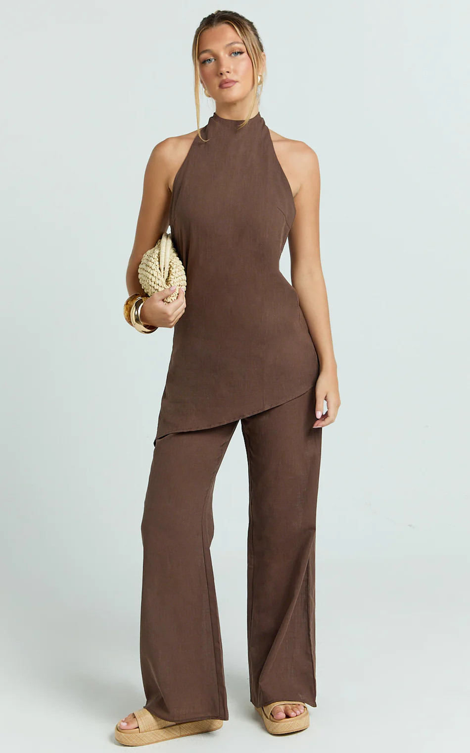 Paige Two Piece Set - Halter Top and Wide Leg Pant Set in Chocolate | Showpo (US, UK & Europe)