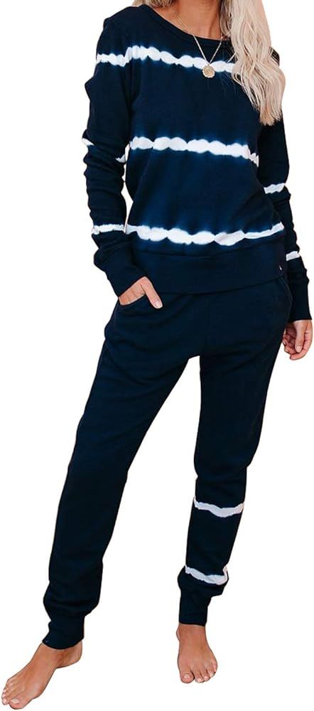 Womens Tie Dye Print Pajamas Set Long Sleeve Tops and Pants Pocketed Pjs Joggers Sleepwear Lounge... | Amazon (US)