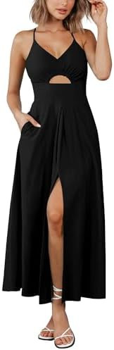 BTFBM Women 2026 Spaghetti Strap Midi Summer Dresses Sleeveless V Neck Cutout Slit Casual Beach P... | Amazon (US)