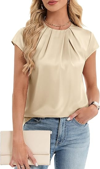 Funlingo Women's Silk Satin Blouse Summer Dressy Casual Cap Short Sleeve Tops Crew Neck Front Ple... | Amazon (US)