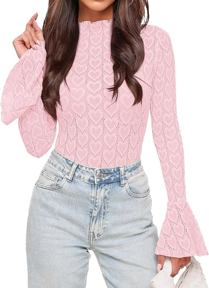 BTFBM Women's Long Sleeve Shirts 2025 Fall Fashion Going Out Tops Casual Crewneck Slim Fit Hollow... | Amazon (US)