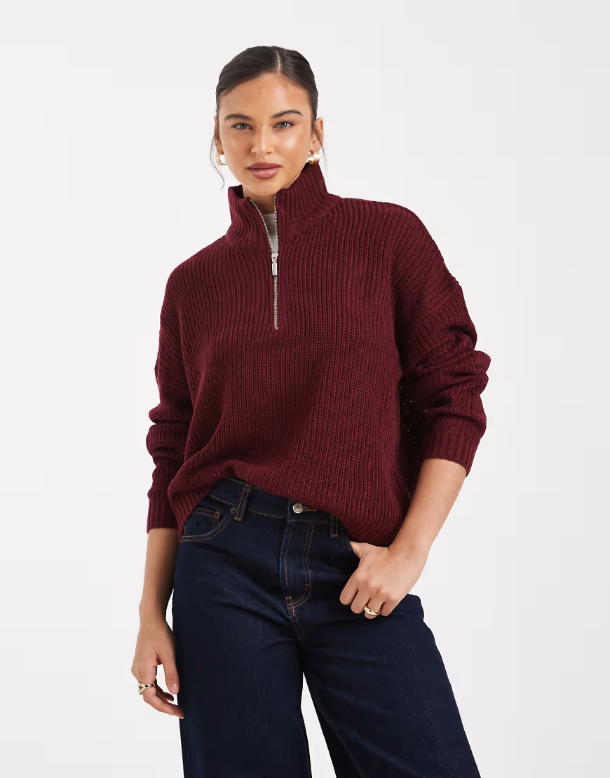 Brave Soul chunky knit quarter zip jumper in burgundy-Brown | ASOS (Global)
