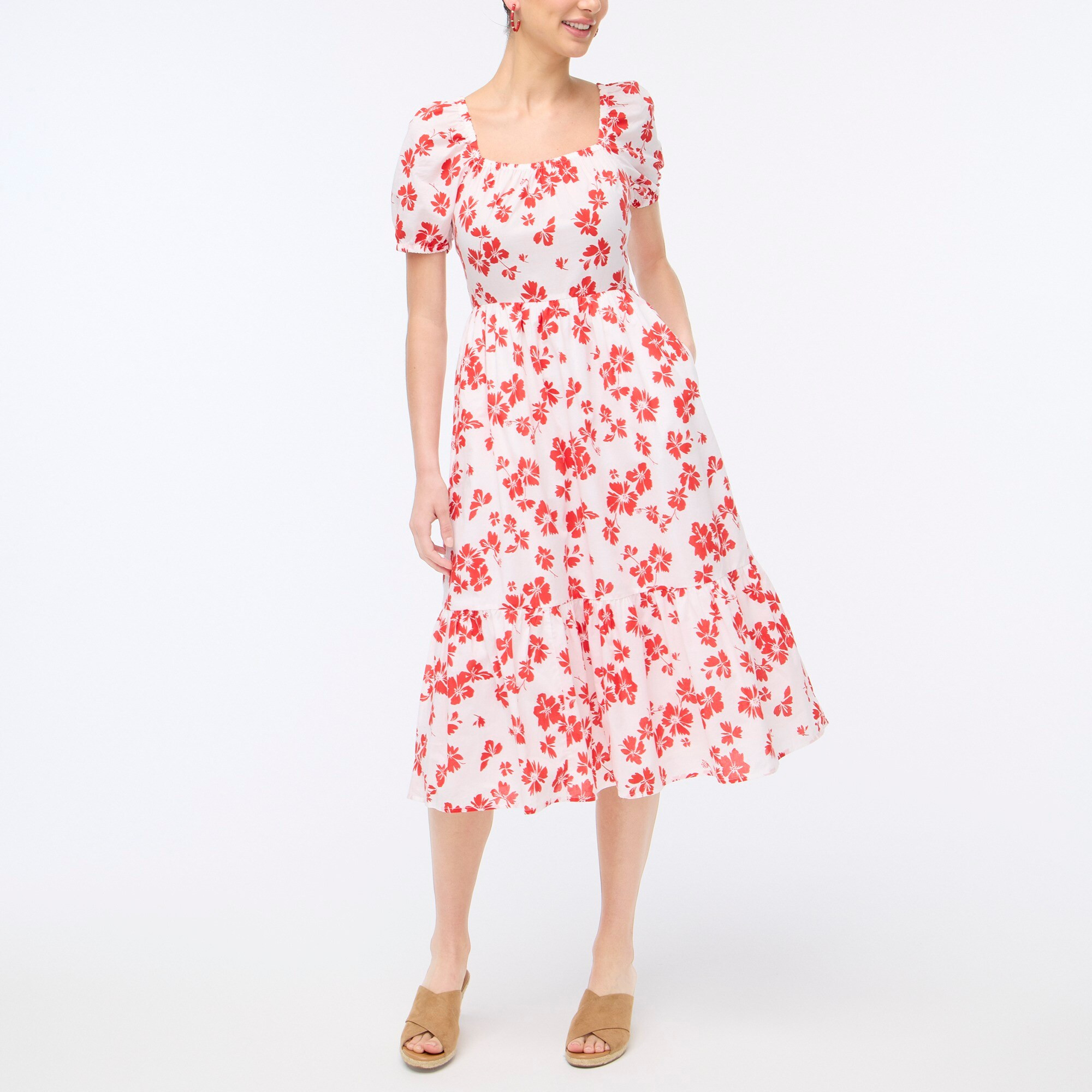 Floral puff-sleeve tiered midi dress | J.Crew Factory