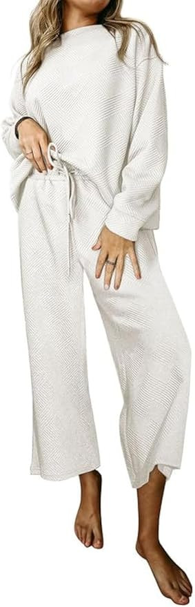 SHEWIN Women's 2 Piece Outfits Sweatsuit Casual Long Sleeve Pullover Tops and Drawstring Wide Leg... | Amazon (US)