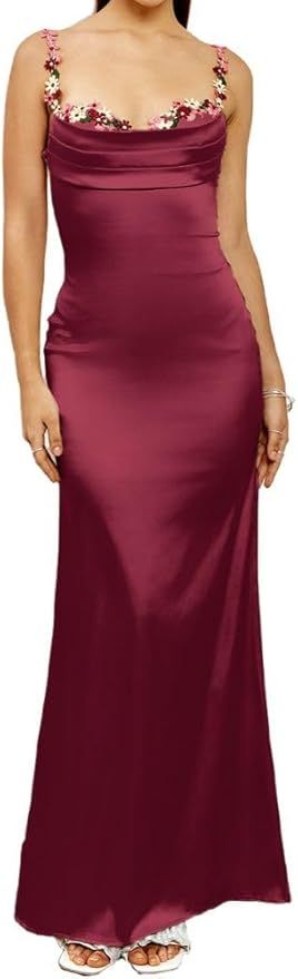 Colysmo Women's Satin Spaghetti Strap Slip Bodycon Maxi Dress Sleeveless Wedding Guest Elegant Ev... | Amazon (US)