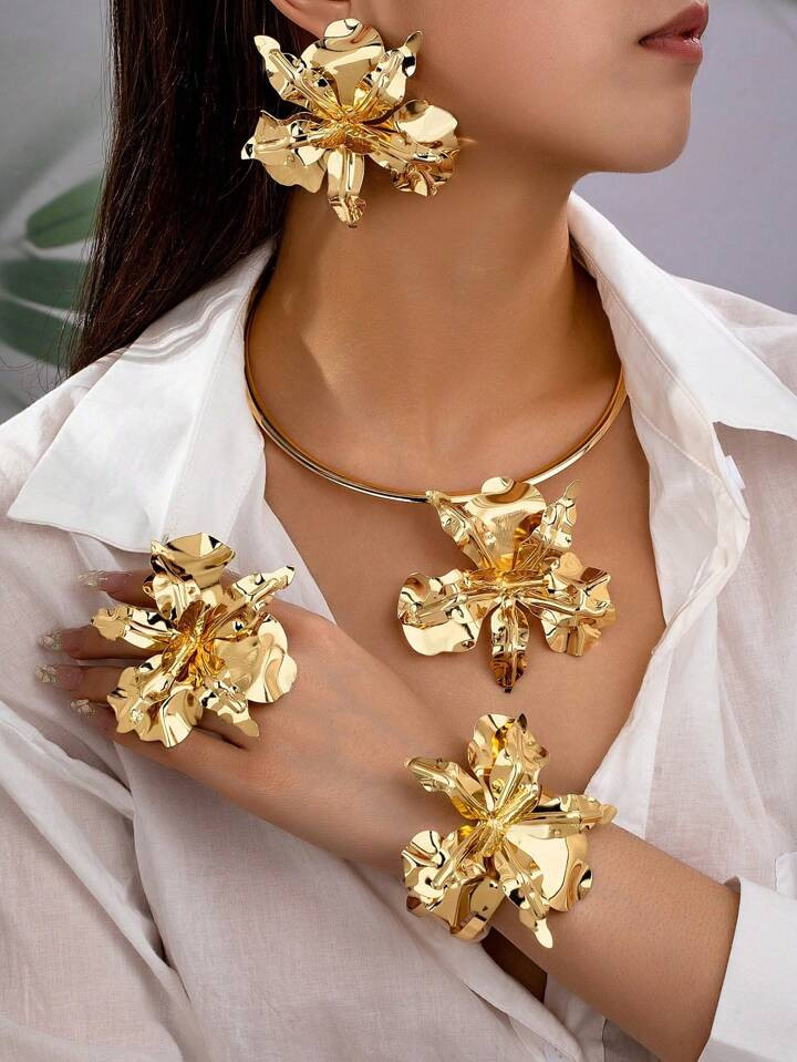 European & American Style Floral Flower Choker Necklace,Flower Bracelet,Flower Cuff Bangle And Flower Pendant Earrings, Flower Ring,For Women, Random Flower Design | SHEIN