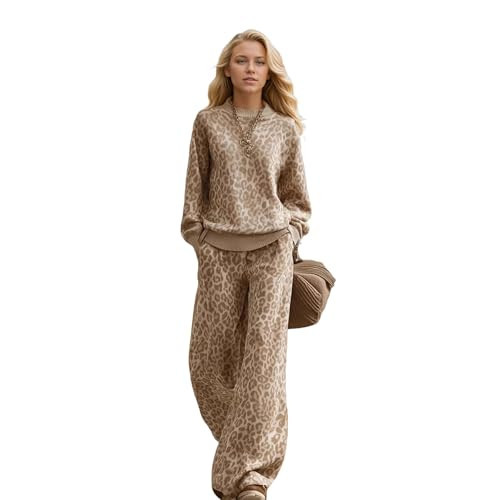 Hxkwox Women's Casual Sweatsuit 2 Piece Sets Leopard Print Long Sleeve Sweatsuit Loose Crew Neck Sweatshirt Lounge Straight Leg Sweatpants Oversized Travel Vacation Outfits M | Amazon (US)