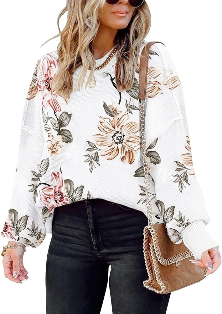 ETCYY Oversized Sweaters for Women Fall 2023 Trendy Crewneck Batwing Long Sleeve Knit Tops Side Slit | Amazon (US)