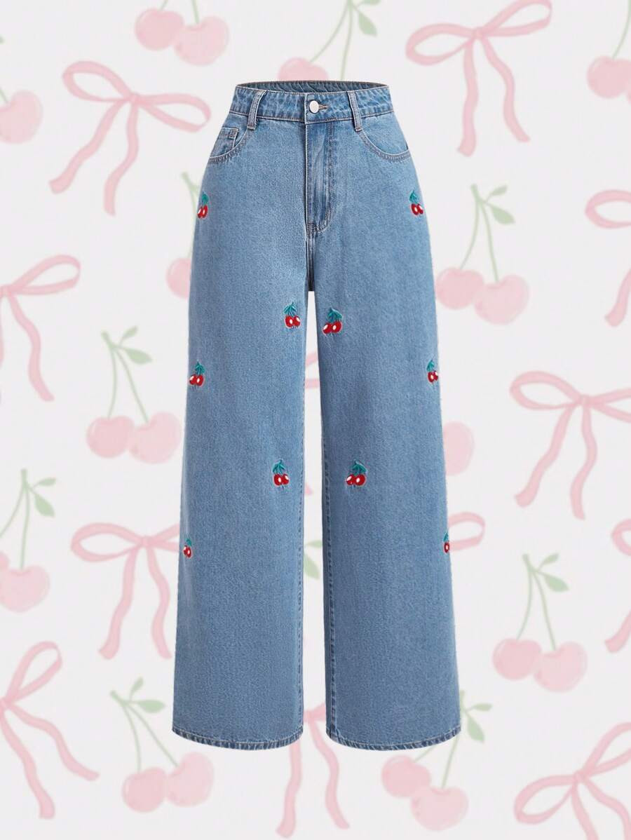 SHEIN MOD Women's Cherry Embroidery Straight Leg Jeans, Everyday Casual Pants With Pockets | SHEIN