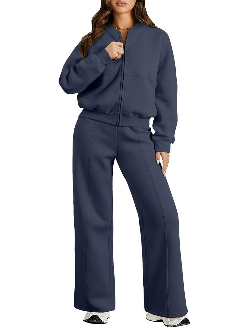 DOKOTOO Womens Sweatsuits 2 Piece Outfits Oversized Fleece Zip up Long Sleeve Sweatshirt with Wid... | Walmart (US)