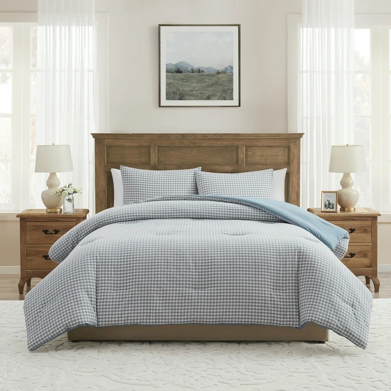 My Texas House Collins 3-Piece Blue Gingham Cotton Comforter Set, King | Walmart (US)