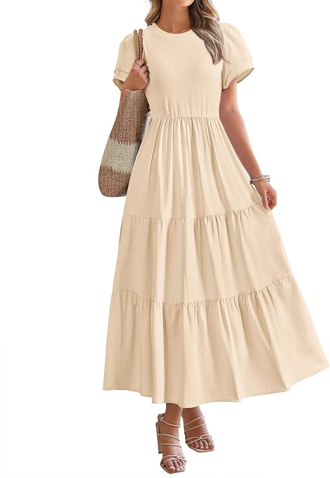 BTFBM Women Casual Summer Dresses 2025 Spring Crewneck Short Sleeve Tiered Flowy Boho Maxi Beach ... | Amazon (US)