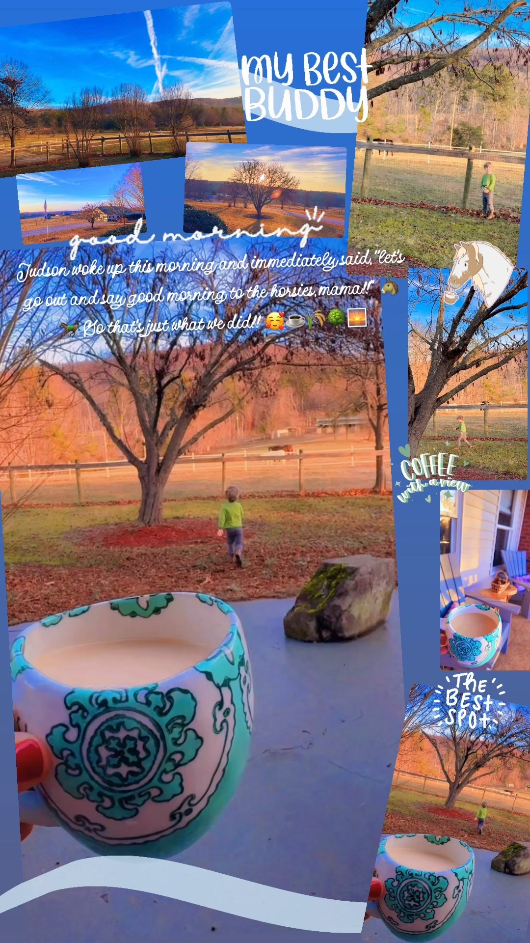 Judson woke up this morning and immediately said, “let’s go out and say good morning to the horsies, mama!!” 🐴🐎 So that’s just what we did!! 🥰☕️🌾🌳🌅