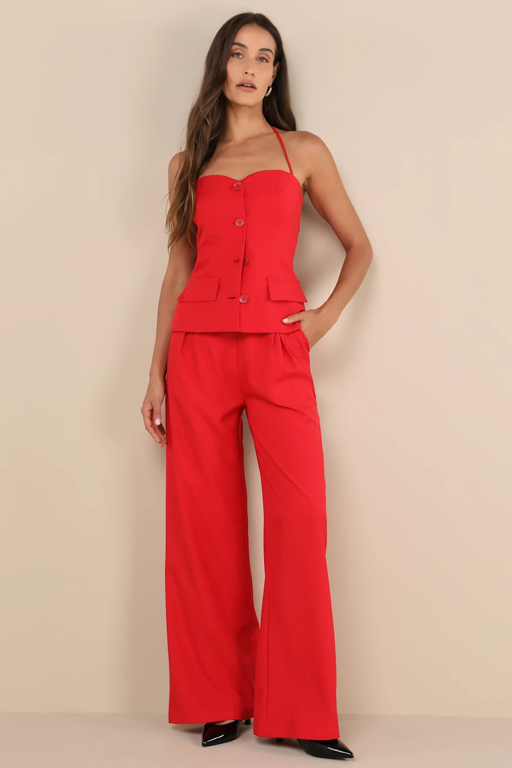 Anastasia Red Button-Front Halter Top | Lulus