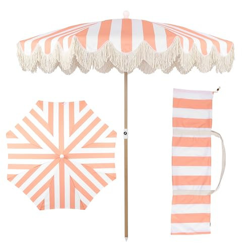 JONATHAN Y Mariner 6.5 ft. Striped Fringe Beach Umbrella, Coral Pink/White | Amazon (US)