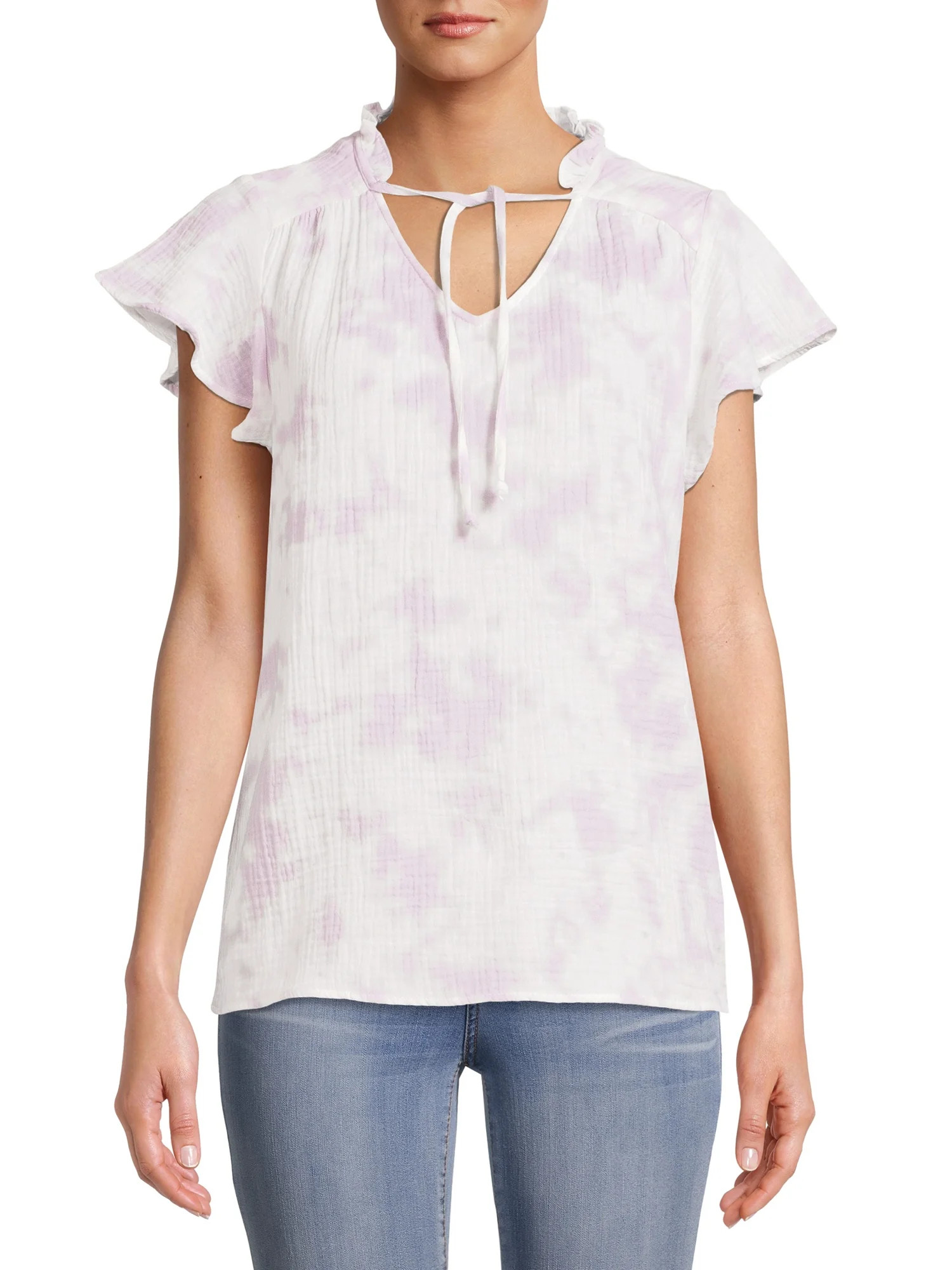 Como Blu Women's Ruffle Neck Short Sleeve Peasant Top | Walmart (US)