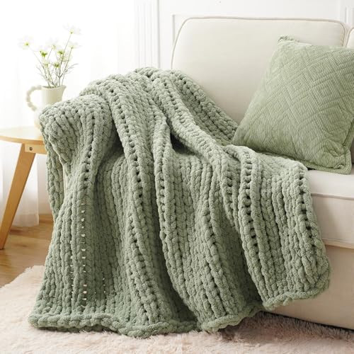 Battilo Sage Green Chunky Knit Throw Blanket, Soft and Thick Chenille Throw Blanket, 50"x60" Handmade Cable Knit Crochet Blanket, Cozy Knot Knitted Throw Blankets for Couch Home Decor, Light Green | Amazon (US)