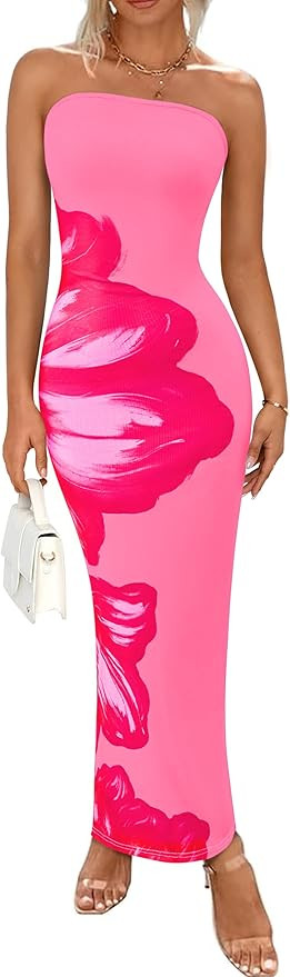 PRETTYGARDEN Women Summer Strapless Maxi Dress Bodycon Floral Sexy Long Wedding Guest Dress Forma... | Amazon (US)