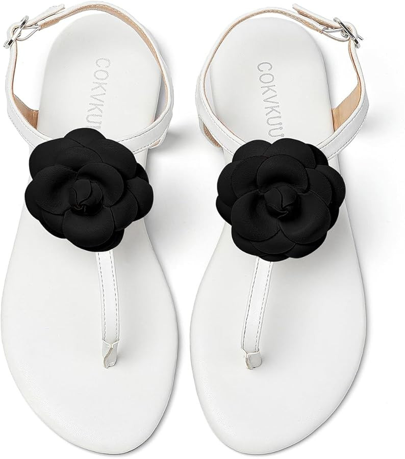 Women's Black Satin Floral Sandals with T-Strap, Herringbone Sole Fashionable and comfortable sat... | Amazon (US)