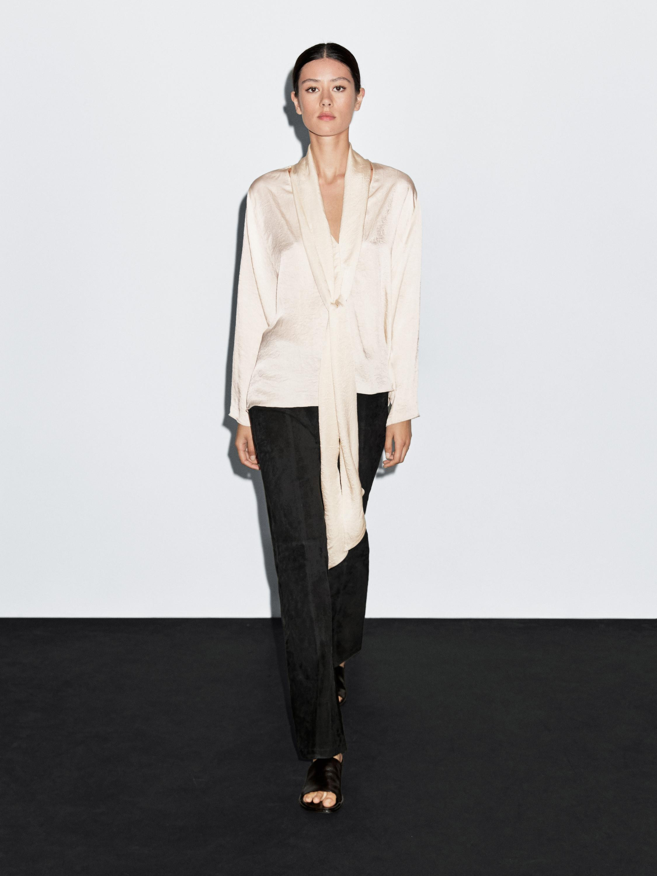 Flowing blouse with tie · Beige, Brown · Shirts | Massimo Dutti | Massimo Dutti UK