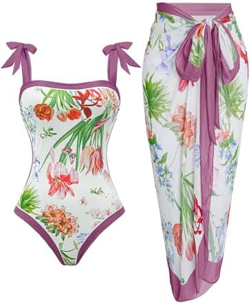 Womens One Piece Swimsuit with Cover Up Sarong Wrap Floral Bathing Suits 1 Piece Swim Suit with B... | Amazon (US)