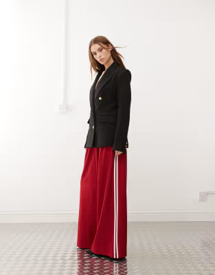 Lioness pleat detail side stripe wide leg tailored pants in red | ASOS (Global)