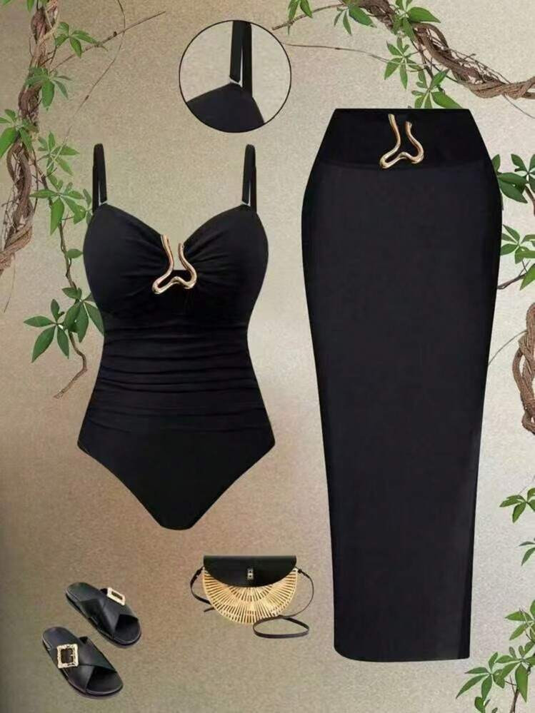 Swim Oasis 2025 New Women's 2pcs Black Hollow-Out Bandeau Connected Swimsuit & Beach Dress Set, Casual Summer Vacation | SHEIN