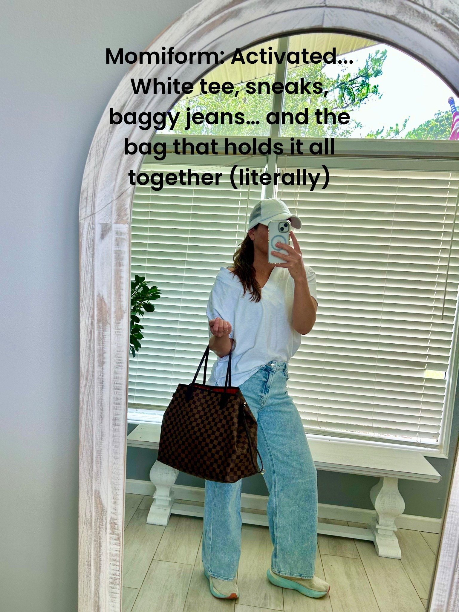 The ultimate mom uniform: comfy, cute, and gets the job done. White tee, baggy jeans, sneaks, and the Louis that carries everything from snacks to sanity. Also linking my fave white wood mirror and matching bench—because mom style doesn’t stop at the outfit.

#LTKmom #MomStyle #OOTD #AmazonFinds #LTKhome #MomLifeUniform #CapsuleWardrobe #LTKSpringStyle

#LTKOver40 #LTKItBag #LTKStyleTip