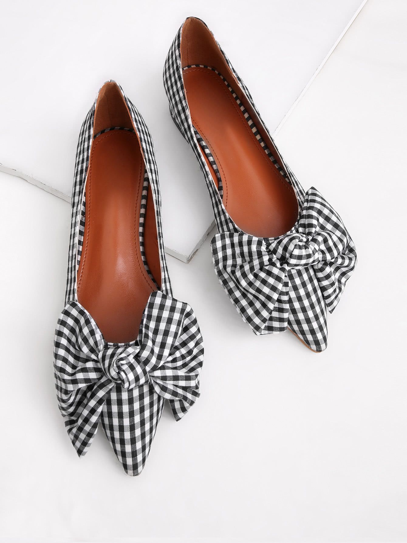 Bow Tie Decorated Pointed Toe Gingham Flats | SHEIN