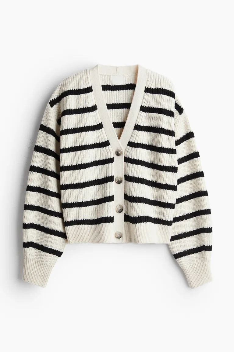 Rib-knit Cardigan - V-neck - Long sleeve - Cream/striped - Ladies | H&M US | H&M (US + CA)