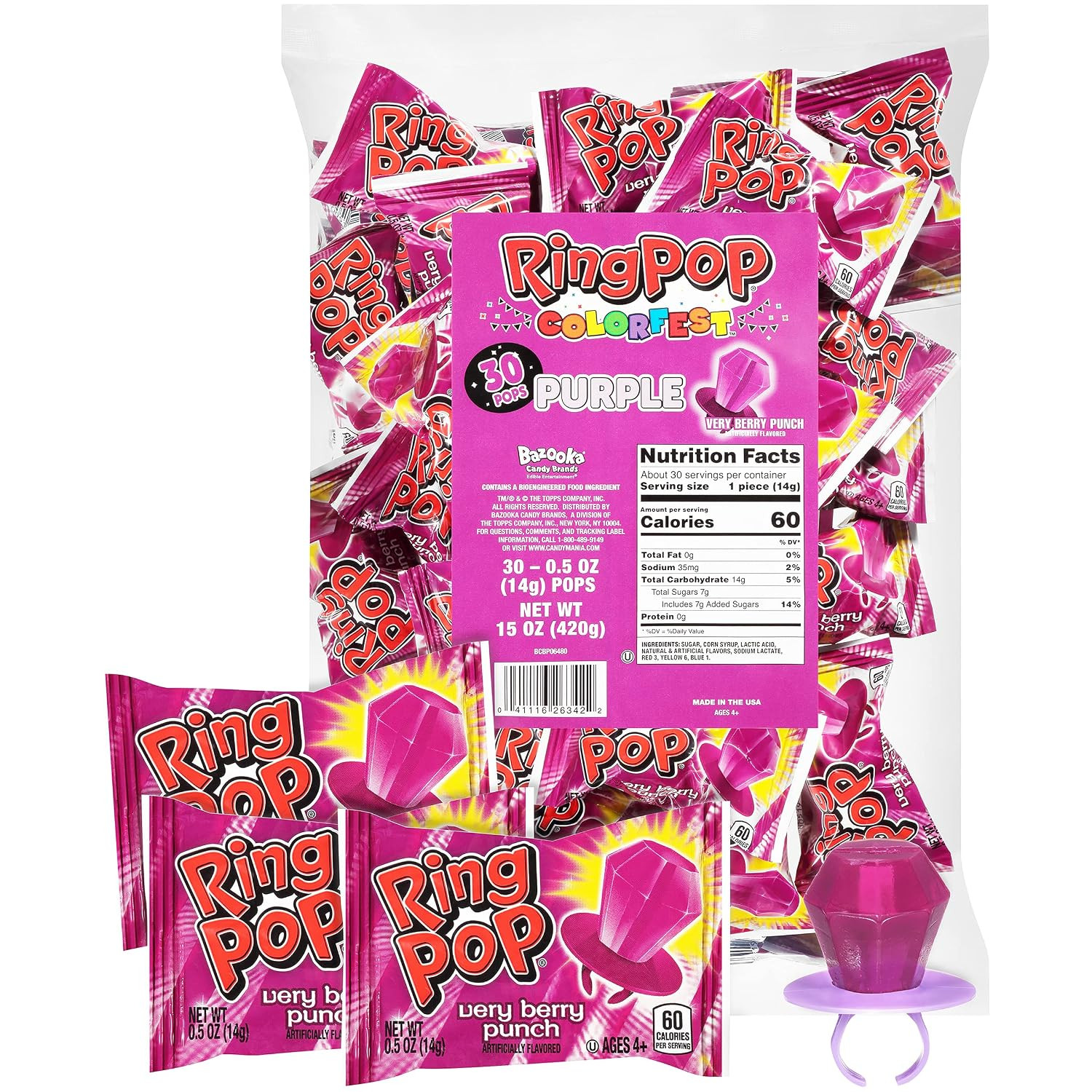 Ring Pop Valentine’s Candy Purple Very Berry Colorfest - 30 Count Bulk Lollipop Pack – Indivi... | Amazon (US)