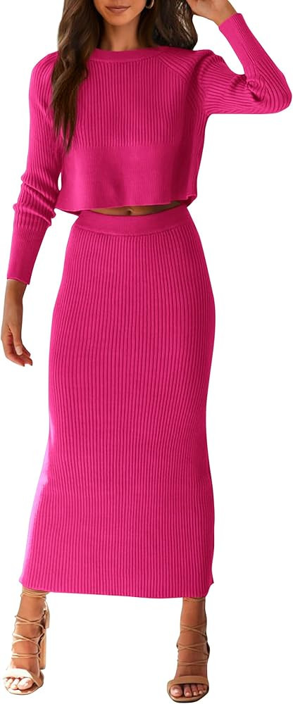 PRETTYGARDEN Women's Spring Fall 2 Piece Sweater Set Rib Knit Long Sleeve Crop Top Maxi Bodycon S... | Amazon (US)