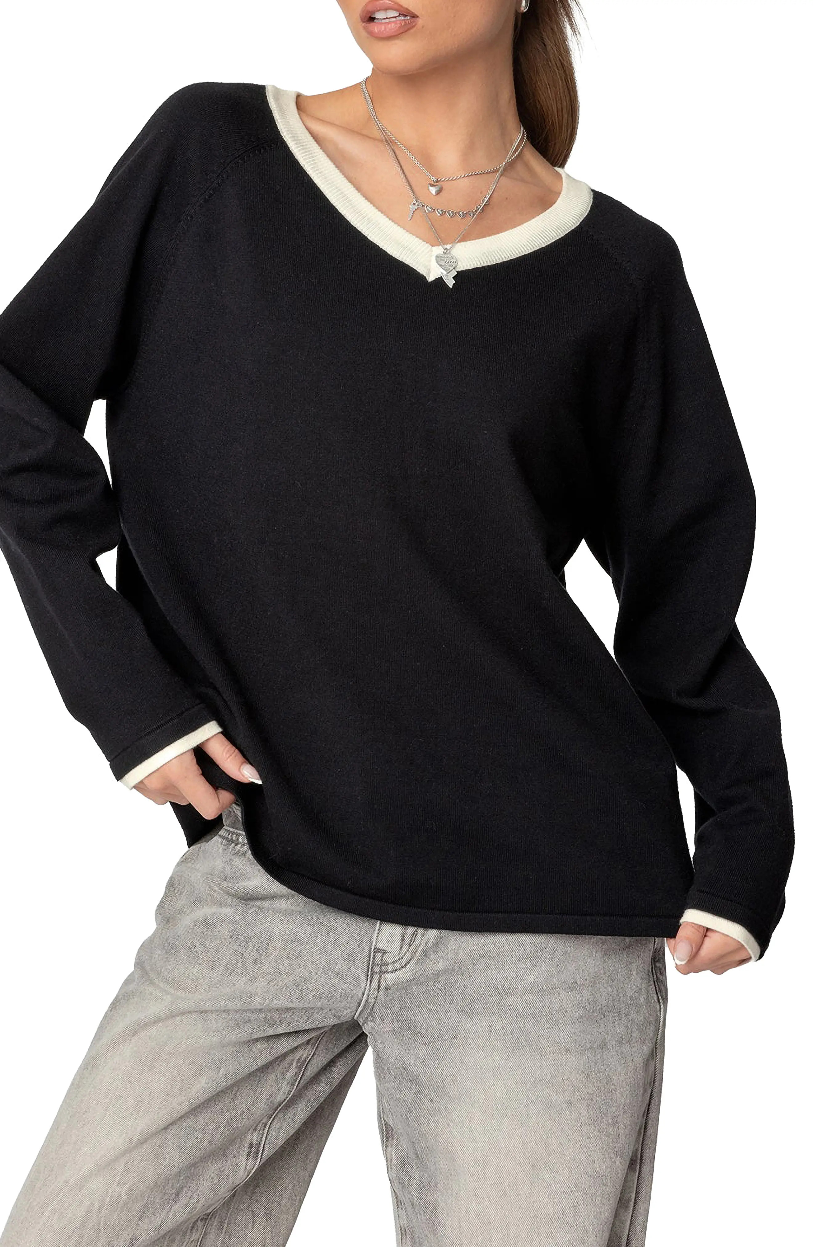 EDIKTED Contrast V-Neck Sweater (Women) | Nordstrom | Nordstrom