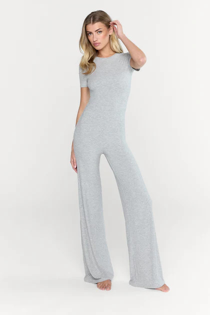 365 SCULPTING LOUNGE SHORT SLEEVE WIDE LEG JUMPSUIT - GREY MARL | TALA (UK)