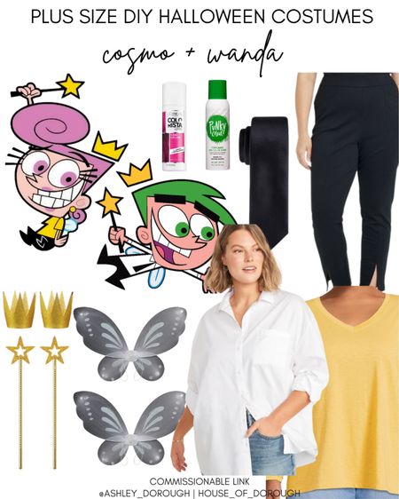 Plus size Halloween costume ideas: Cosmo and Wanda

Items you'll need for Cosmo: 
Black pants, white button-front shirt, black tie, green temporary hair dye/spray, black shoes, and wings, crown, and wand set (Amazon)

Items you'll need for Wanda: 
Black pants, yellow top, pink temporary hair dye/spray, black shoes, and wings, crown, and wand set (Amazon)

#LTKSeasonal #LTKHalloween #LTKcurves