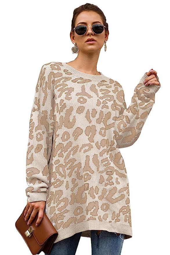 FAFOFA Women's Oversized Leopard Printed Round Neck Pullover Sweater Loose Fit Knit Jumper | Amazon (US)
