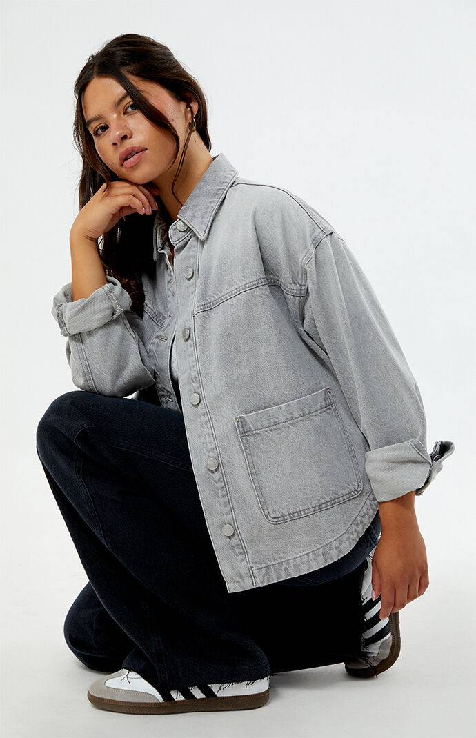 Women's Light Gray Denim Shacket - Size Medium | PacSun