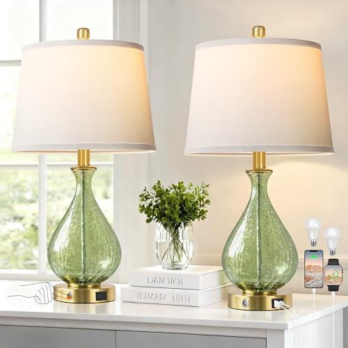 QiMH Green Glass Table Lamps for Living Room, Bedside Lamps Set of 2 with USB A+C Charging Ports, 3 Way Dimmable Touch Lamps for Nightstand, 22.5" Modern Table Lamp for Bedroom, Gold(Bulb Included) | Amazon (US)