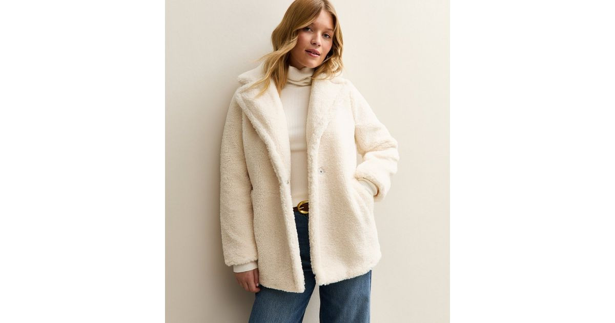 Cream Collared Long Sleeve Borg Coat | New Look | New Look (UK)