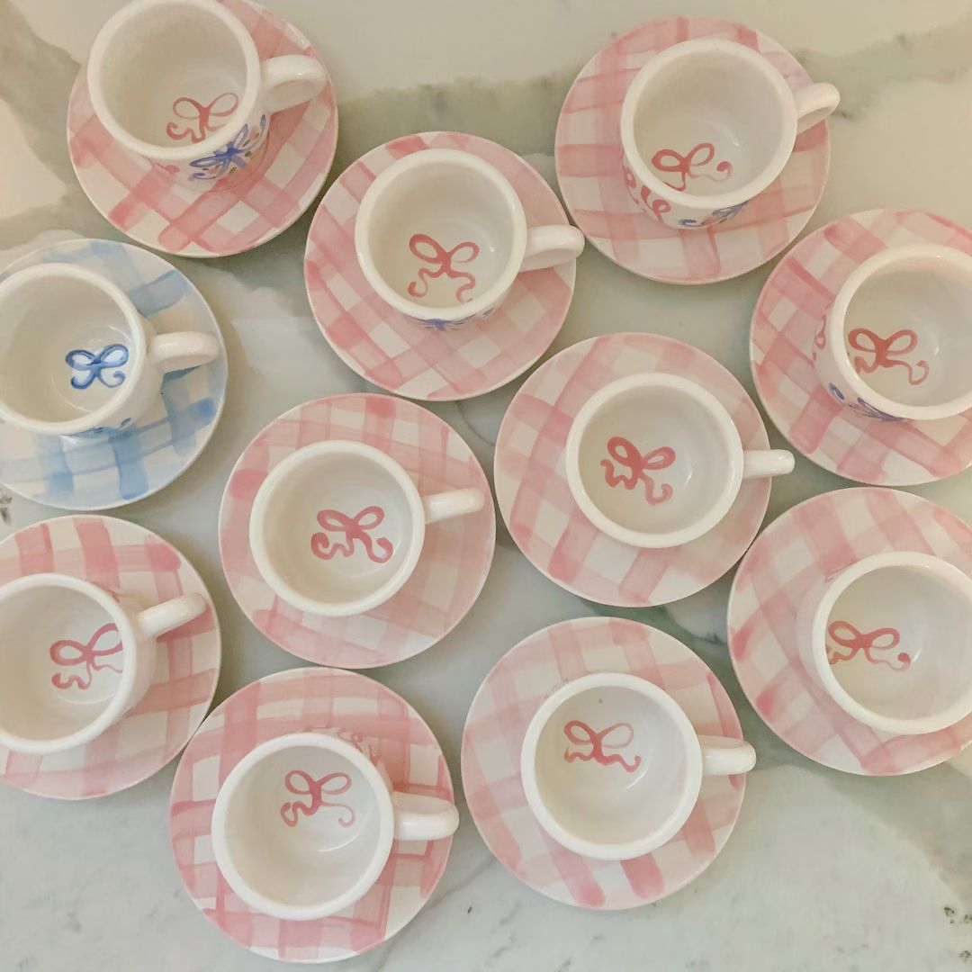 Gingham and ribbons // preppy Personalized Child's Sized Handpainted Tea Cup Party Favor // bows | Etsy (US)