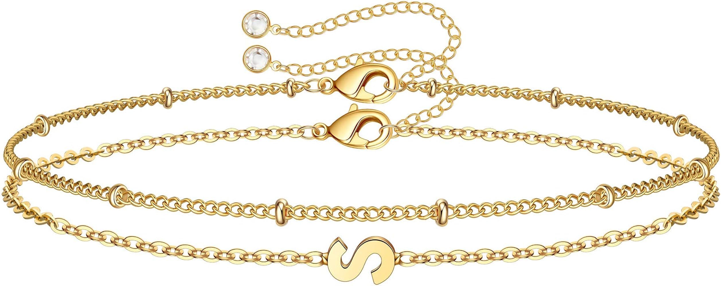 Dainty Gold Initial Bracelets for Women, 14K Gold Plated Dainty Personalized Gold Bracelets Initi... | Amazon (US)