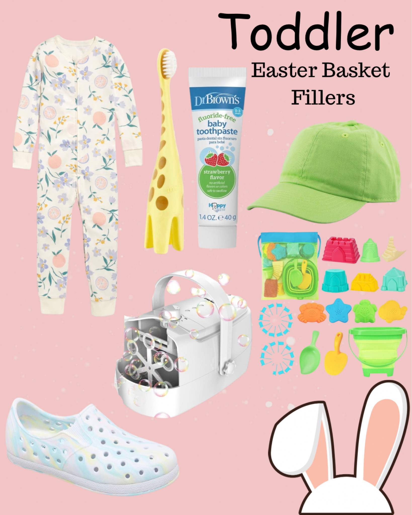 Easter basket fillers for toddlers. 

Toddler Easter pajamas 
Sand toys
Bubble machine
Toddler baseball hat
Toddler toothbrush 
Toddler shoes



#LTKkids