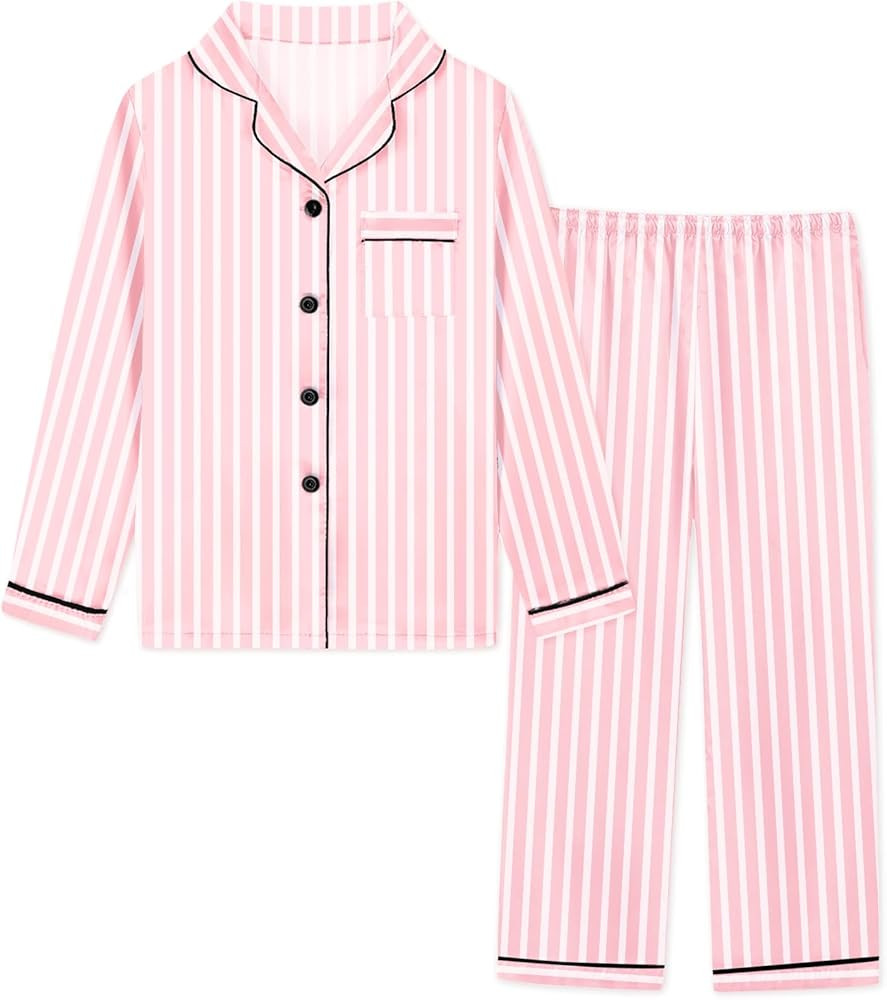 Schbbbta Girls & Womens Satin Pajamas Set, Silk Long Sleeve Nightwear Button-Down Sleepwear, 3 Ye... | Amazon (US)